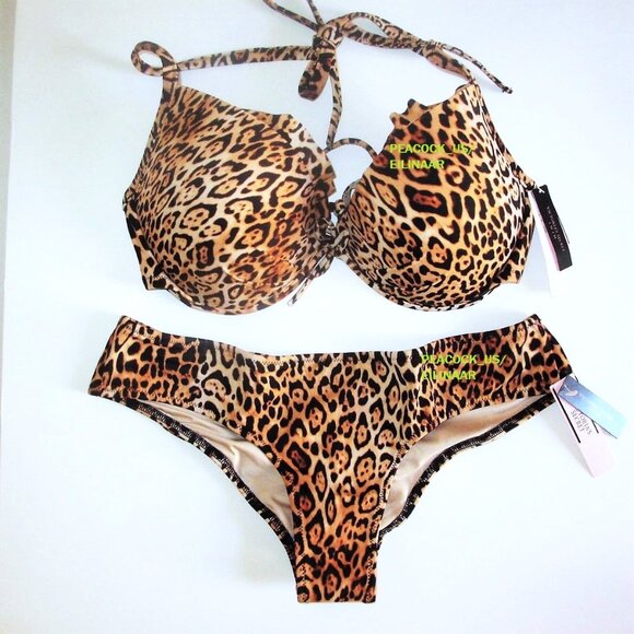 38C/L Victoria Secret Swim Push Up Top Bikini Set Cheeky Bottom Leopard Ruffle - Picture 5 of 11